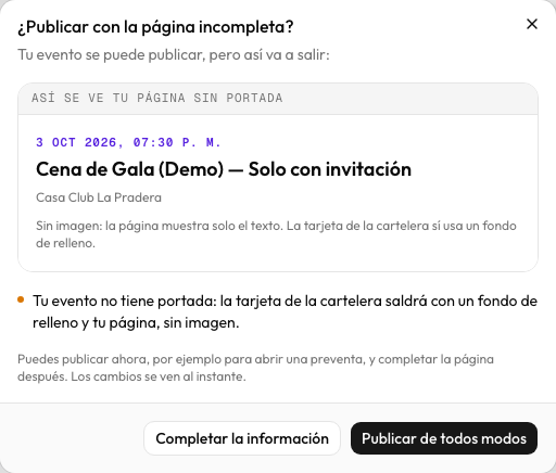 Confirmación al publicar con advertencias