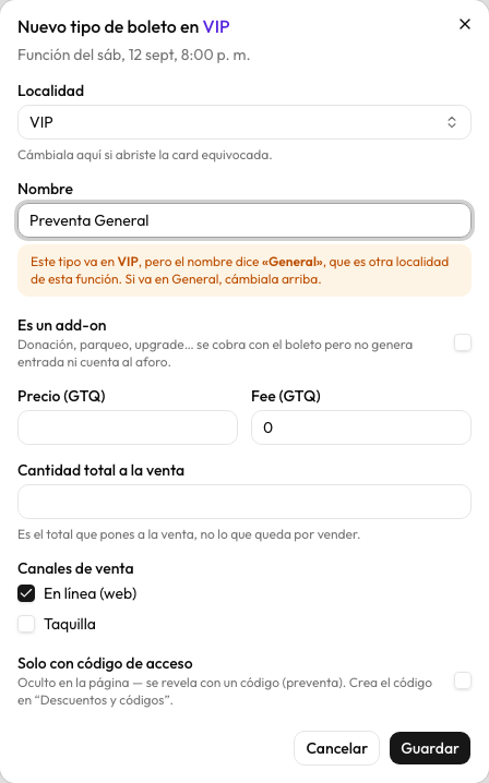 Nuevo tipo de boleto, con su localidad y su función